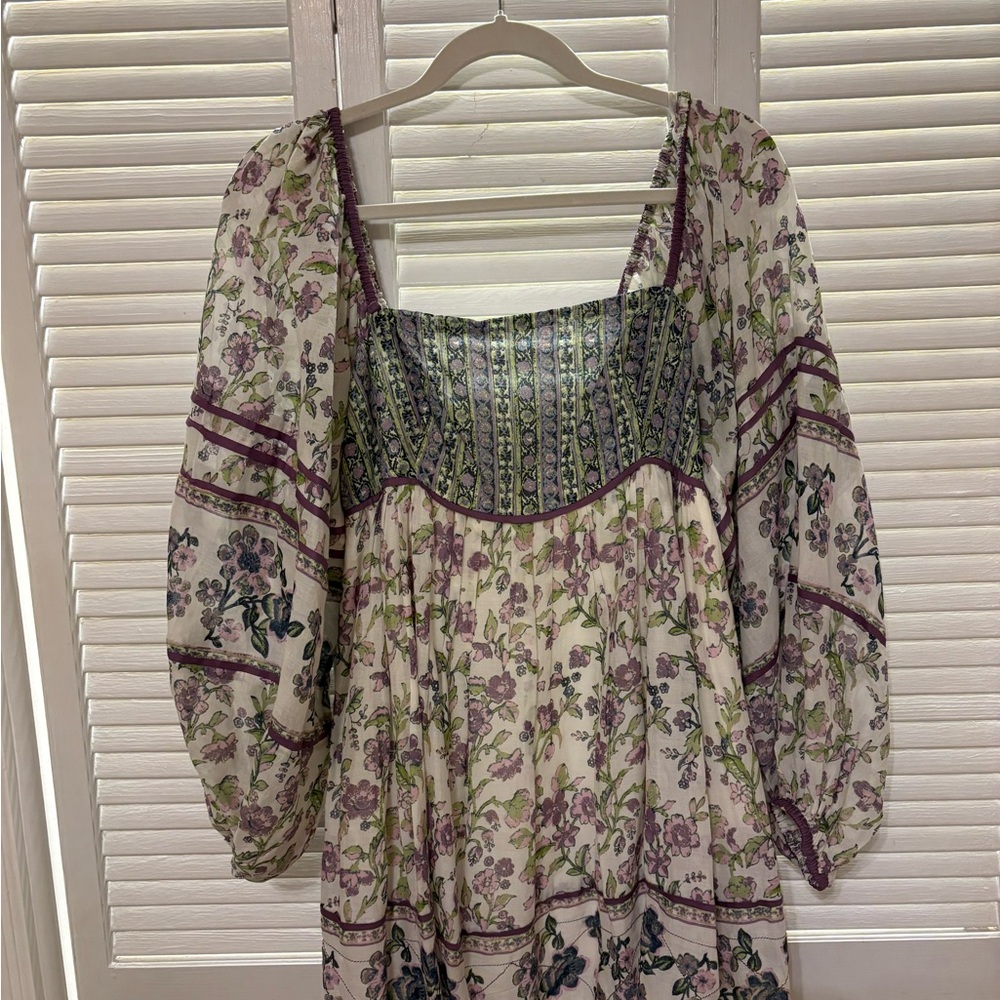 NWT Free People Long Sleeve Patterned Mini Dress, Size Medium, Purple/Green